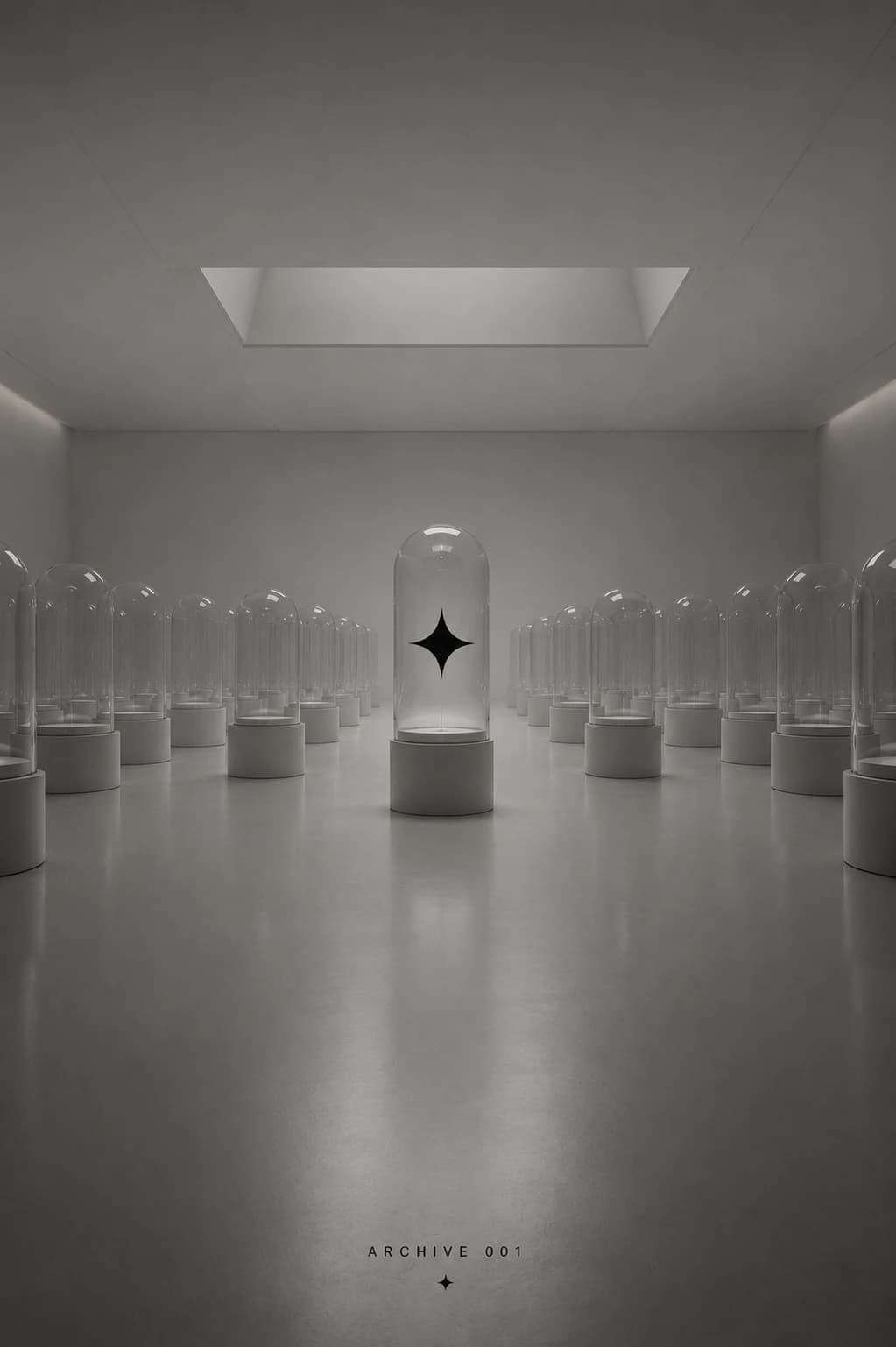 OUTLINE Archive 001 — garments preserved under glass domes in a monochrome hall