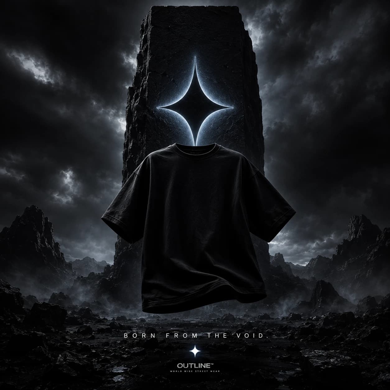 OUTLINE black tee floating before a glowing star monolith — Born from the Void