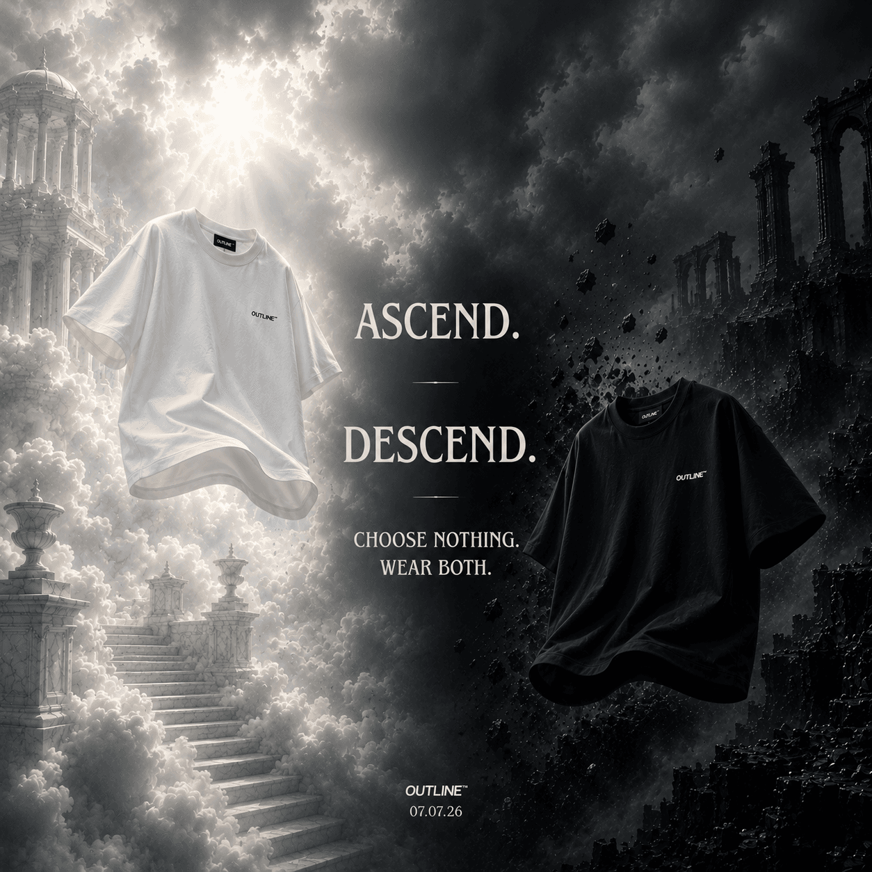 OUTLINE STATIC 001 — white and black heavyweight tees on two figures