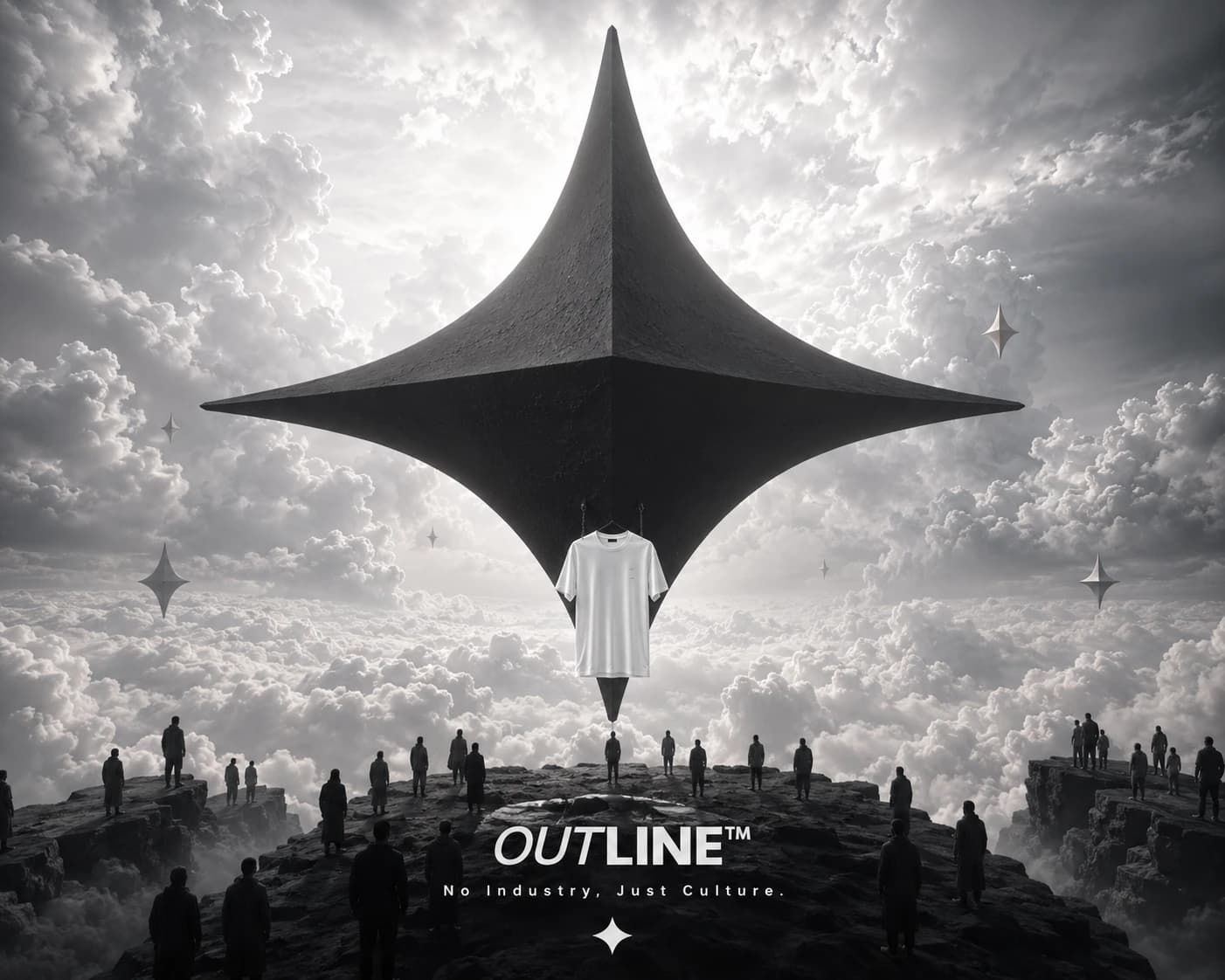 OUTLINE star monolith floating above the clouds, white tee suspended beneath