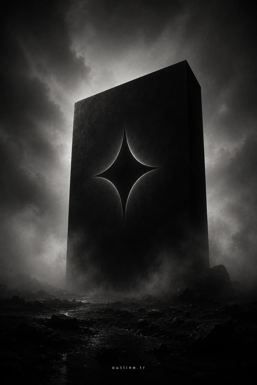 Black monolith carved with the OUTLINE star, standing in fog — outline.tr