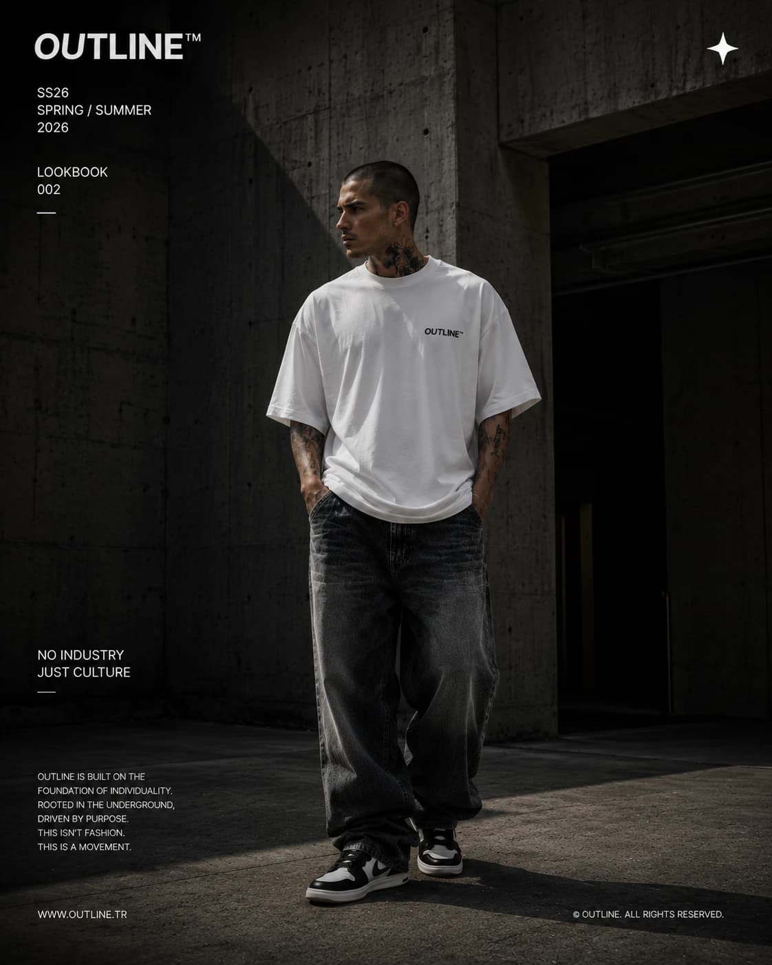 OUTLINE SS26 Lookbook 002 poster — model in white OUTLINE tee against brutalist concrete